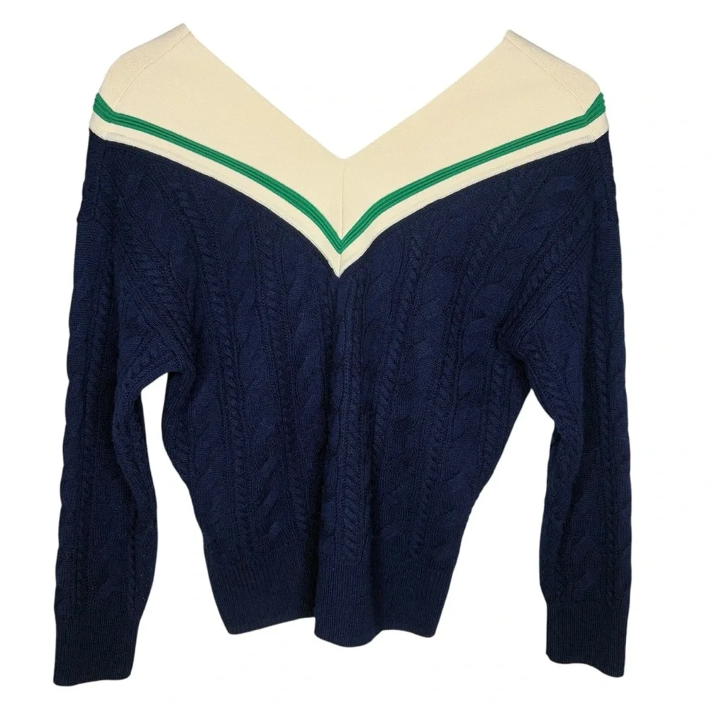 Sandro Guilhem cable knit sweater anchor navy blue green size 0 wool cashmere - Picture 3 of 8